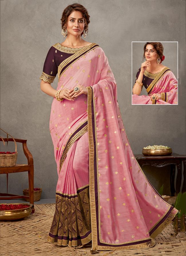 Tussar Silk Pink Wedding Wear Embroidery Work Saree